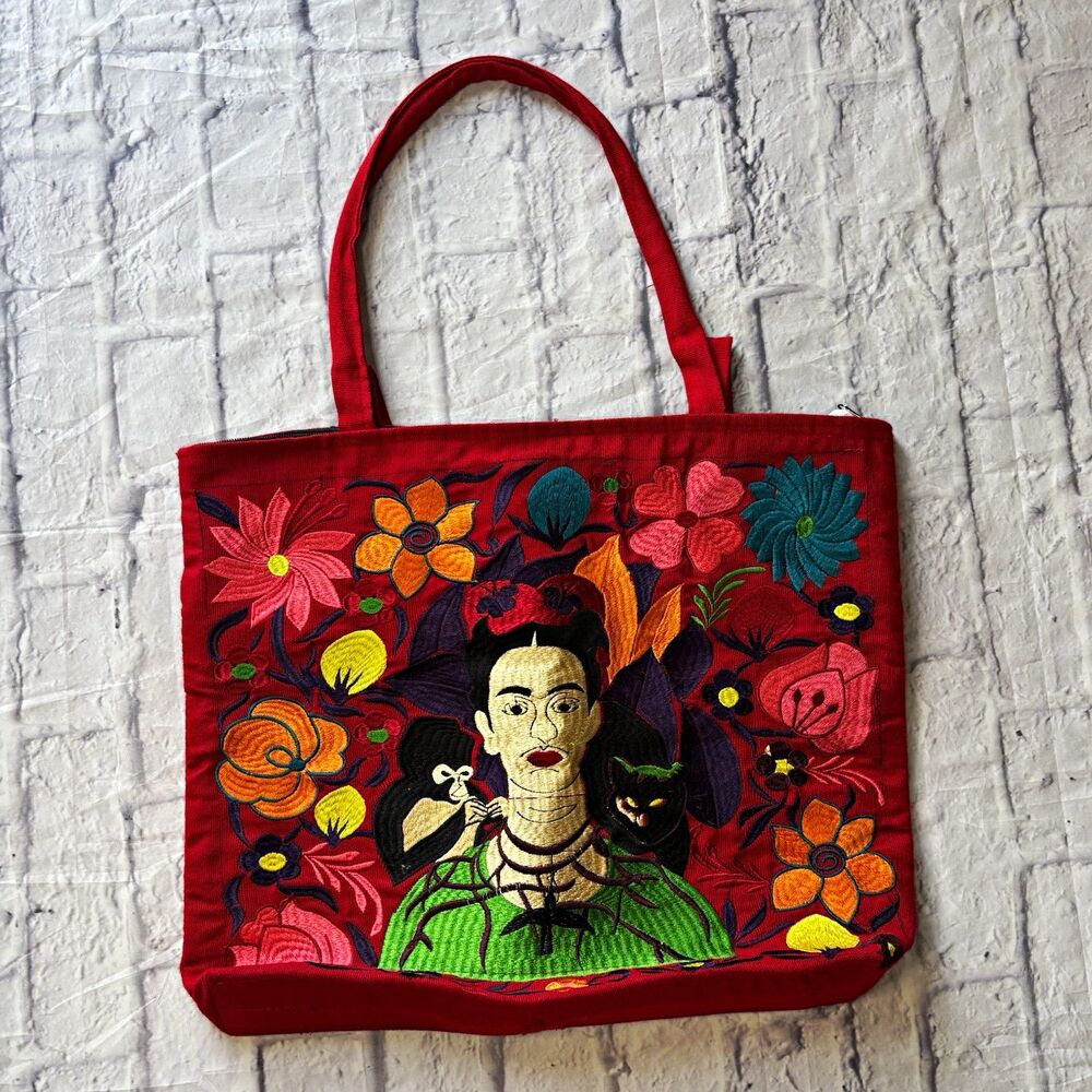 Frida Kahlo Embroidered Floral Folk Art Tote